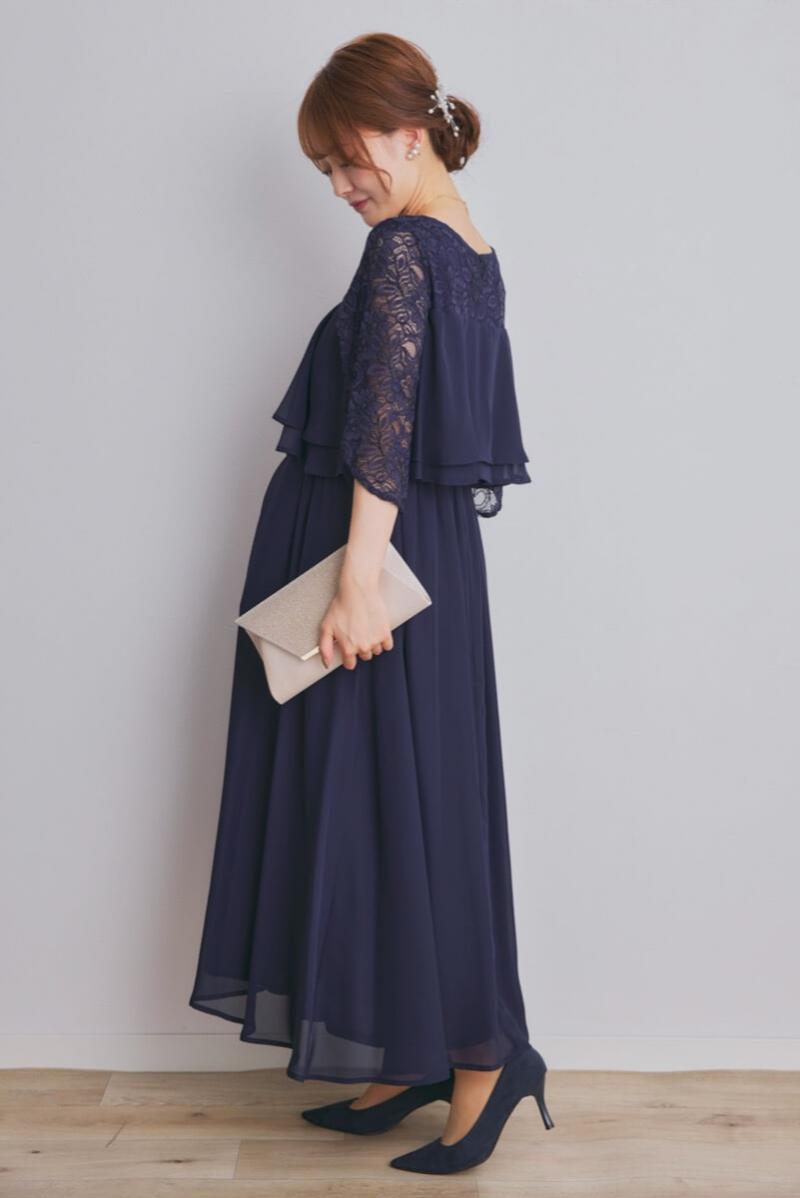 ネイビーの授乳口付スリットスリーブドレス