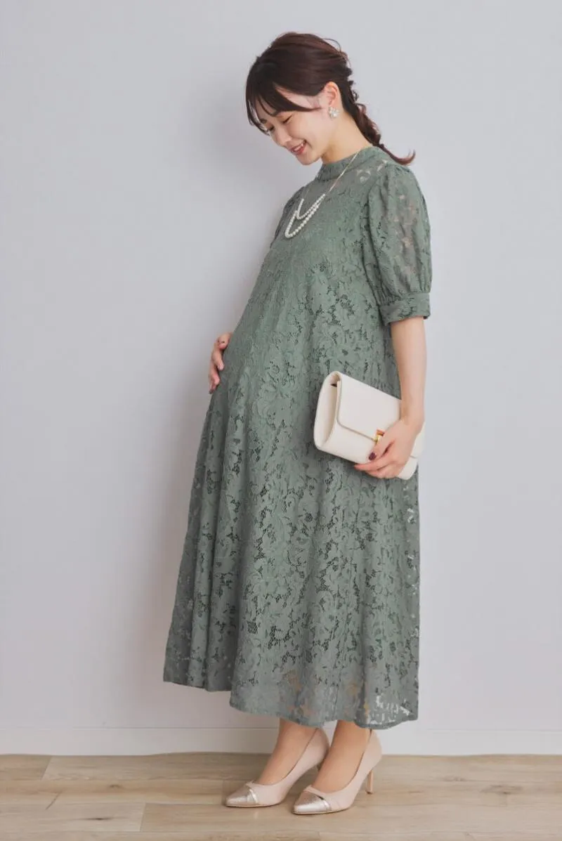 グリーンのスタンドネックAラインドレス