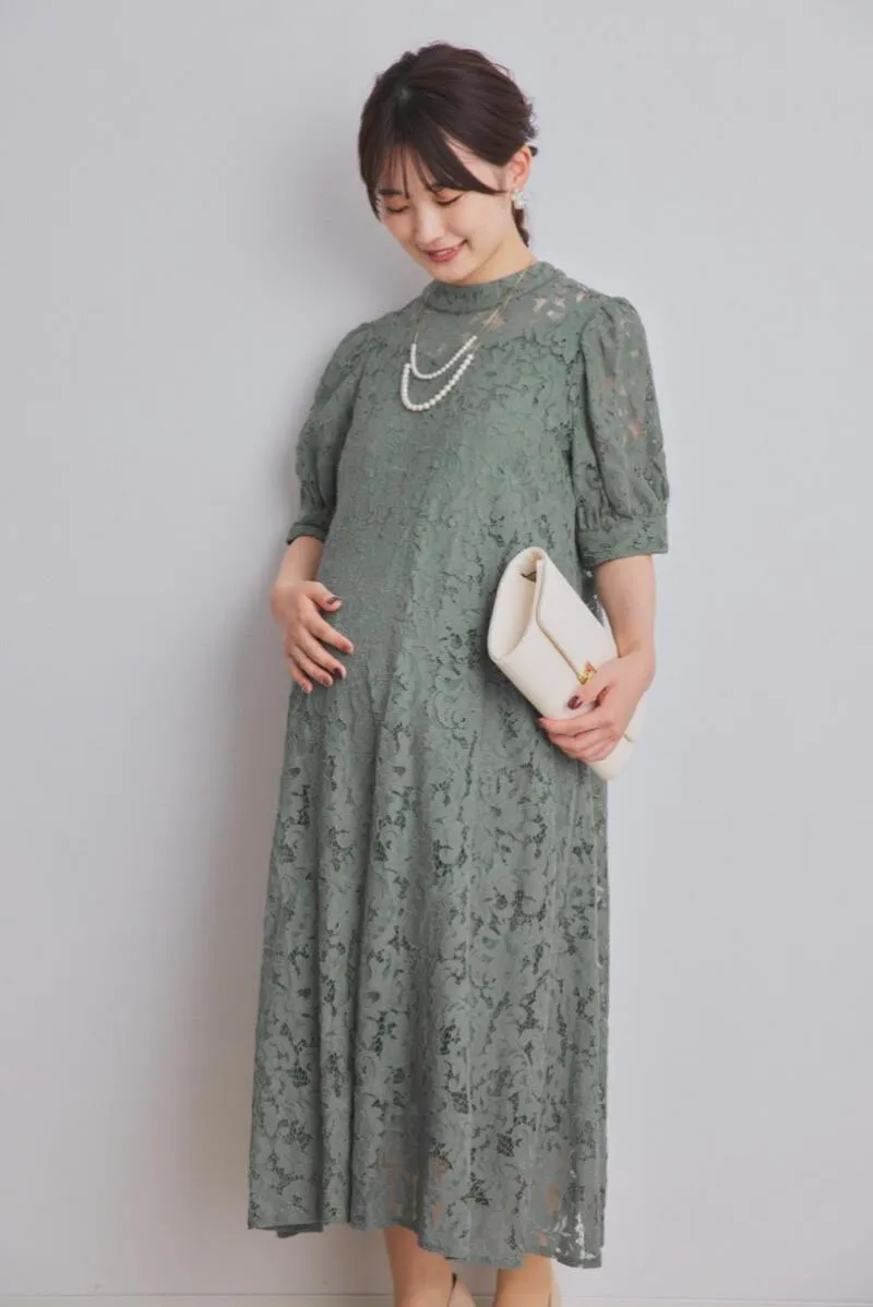 グリーンのスタンドネックAラインドレス