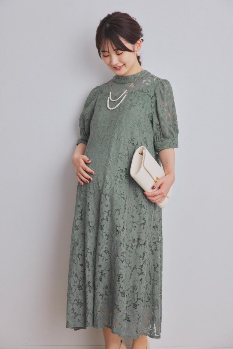 グリーンのスタンドネックAラインドレス