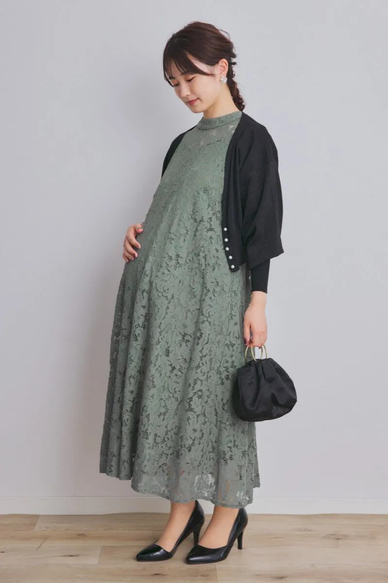 グリーンのスタンドネックAラインドレス