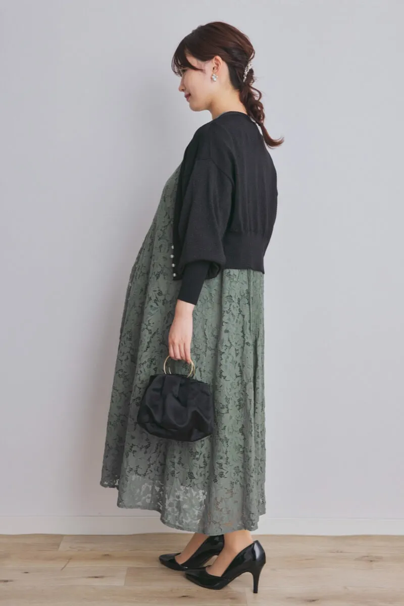 グリーンのスタンドネックAラインドレス