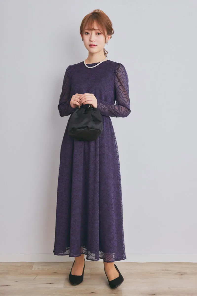 パープルのロングスリーブフレアドレス
