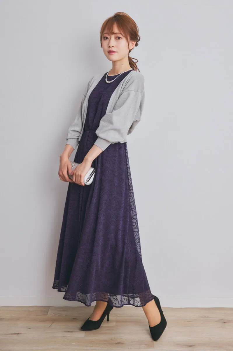 パープルのロングスリーブフレアドレス