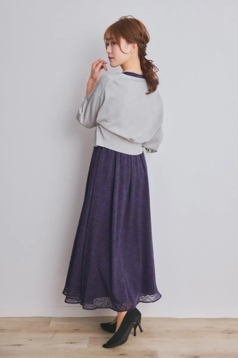 パープルのロングスリーブフレアドレス