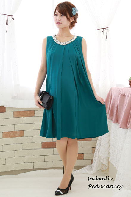 ブルーグリーンのパールビジュー付きウエストリボンドレス