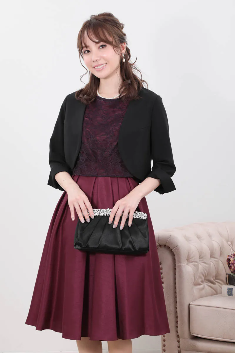 ワインレッドのレースボレロセットドレス