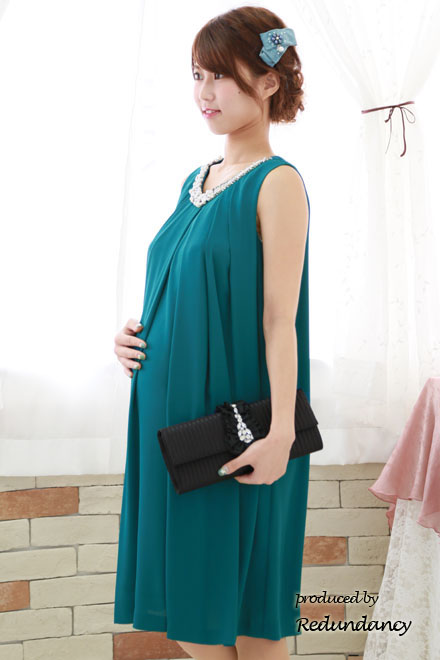 ブルーグリーンのパールビジュー付きウエストリボンドレス