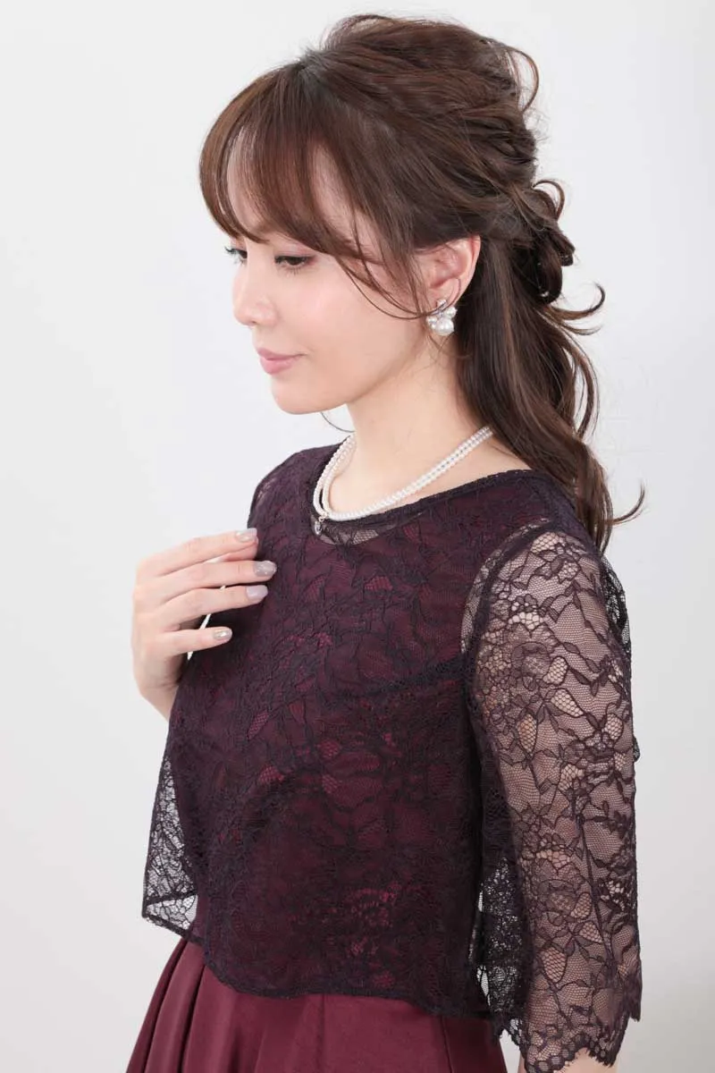 ワインレッドのレースボレロセットドレス