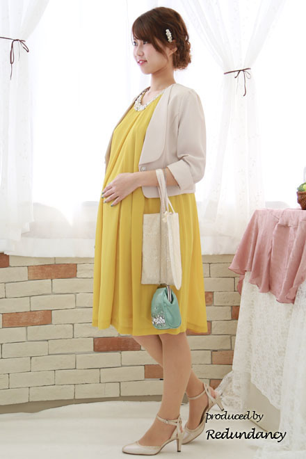 イエローのパールビジュー付きウエストリボンドレス