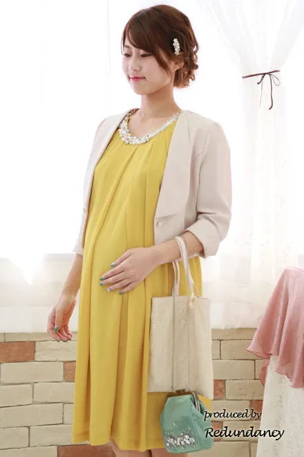 イエローのパールビジュー付きウエストリボンドレス