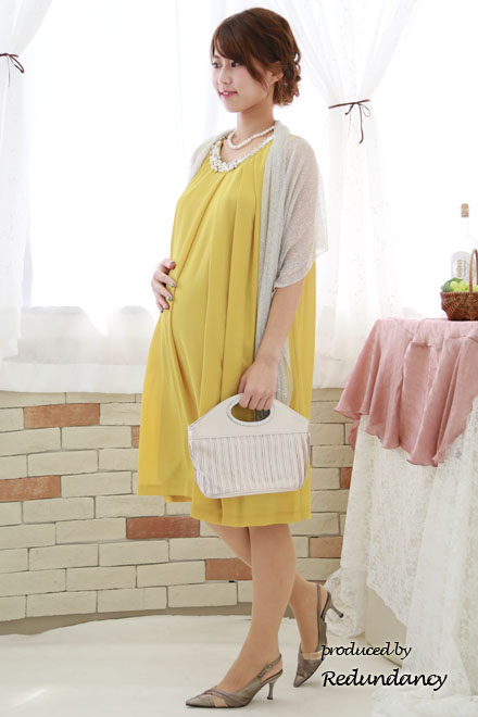 イエローのパールビジュー付きウエストリボンドレス