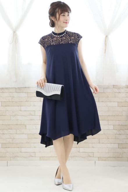 ネイビーのデコルテレースAラインドレス