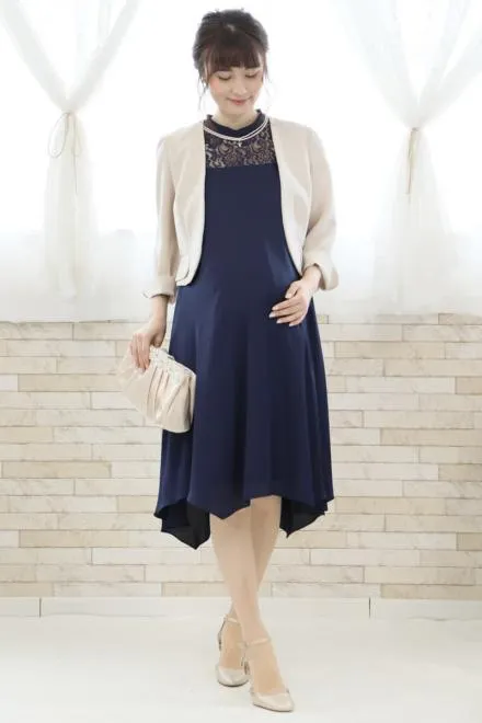 ネイビーのデコルテレースAラインドレス