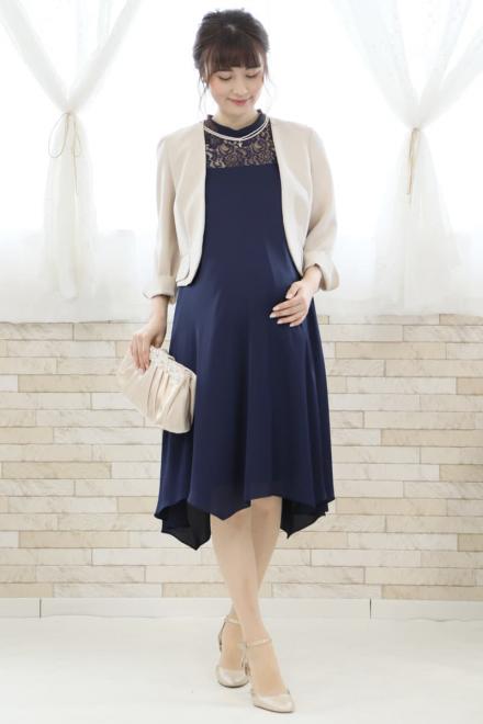 ネイビーのデコルテレースAラインドレス