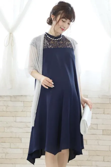 ネイビーのデコルテレースAラインドレス