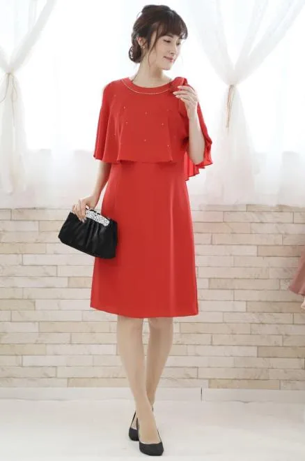 コーラルオレンジのポンチョ風2wayドレス