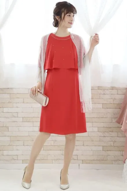 コーラルオレンジのポンチョ風2wayドレス