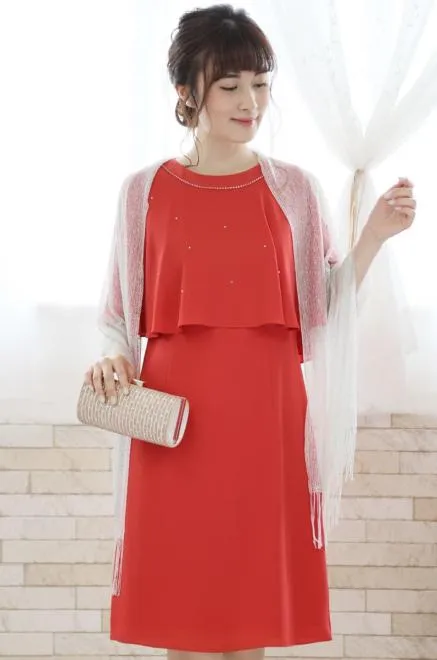 コーラルオレンジのポンチョ風2wayドレス