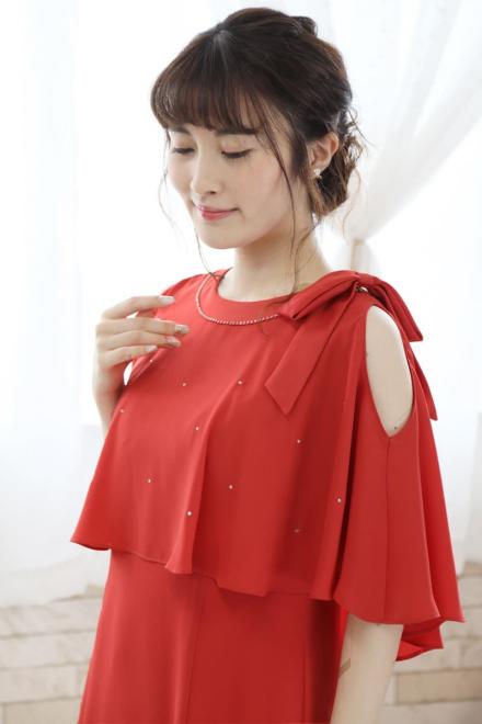 コーラルオレンジのポンチョ風2wayドレス