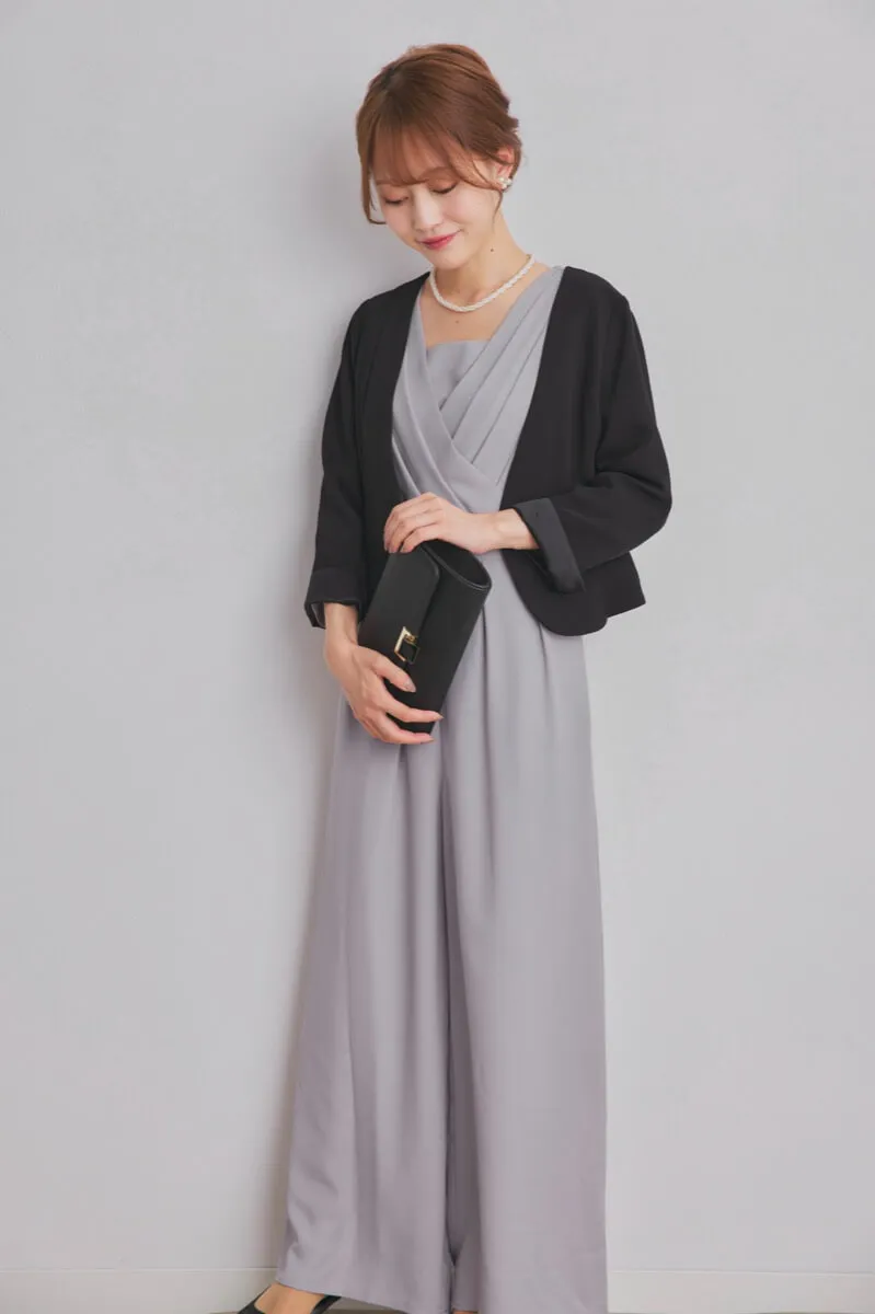 グレーのレース袖カシュクールパンツドレス