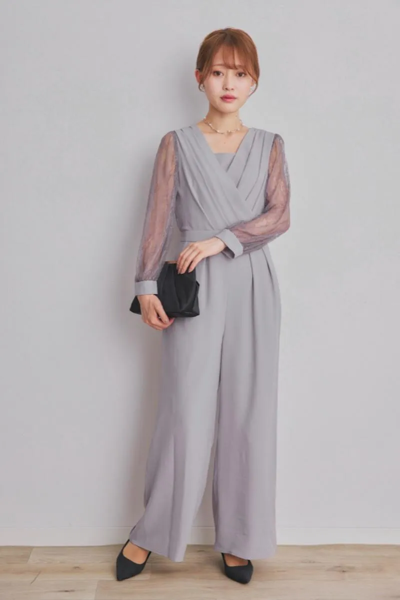 グレーのレース袖カシュクールパンツドレス