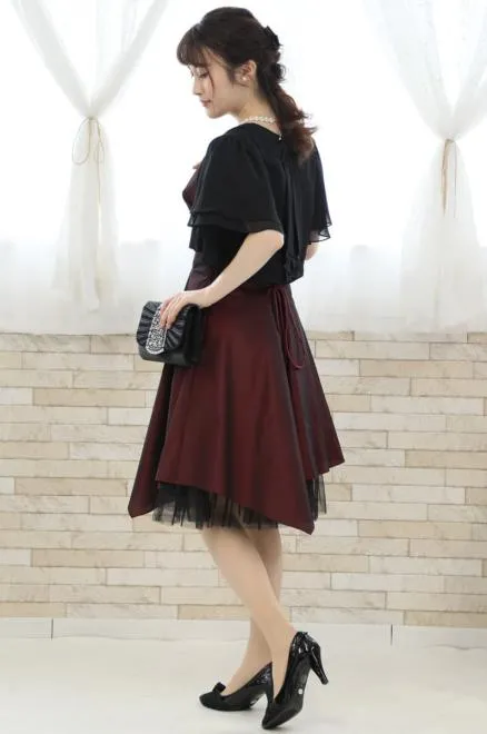 パープルのウエストリボンチュールドレス