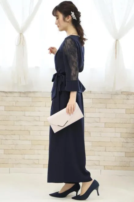 ネイビーのレース袖付きワイドパンツドレス