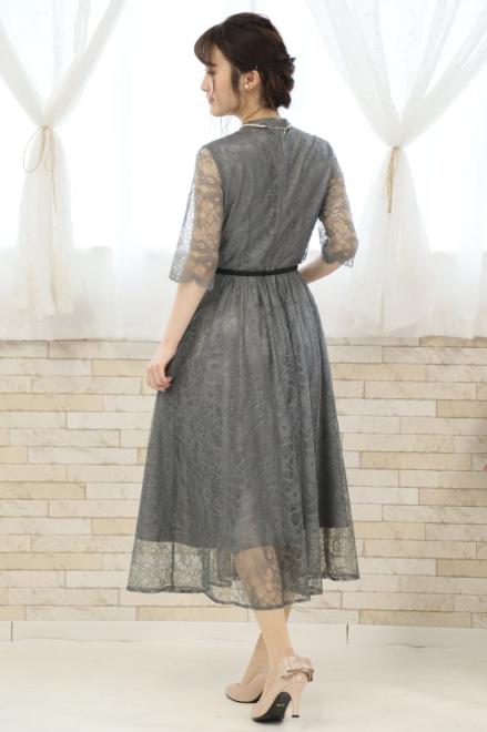 グレーのプチハイネック総レースドレス