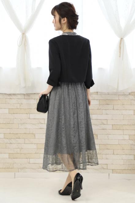 グレーのプチハイネック総レースドレス