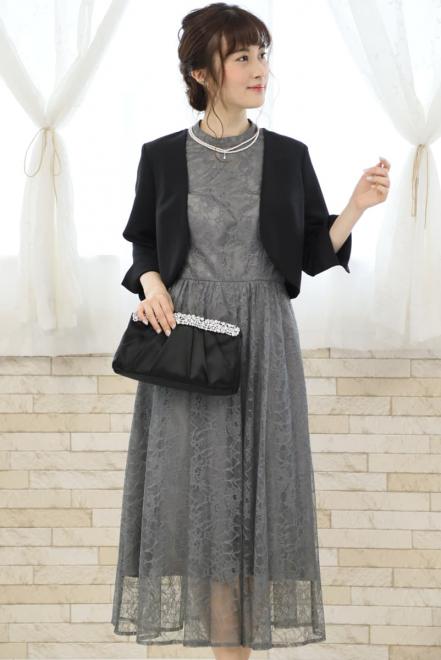 グレーのプチハイネック総レースドレス