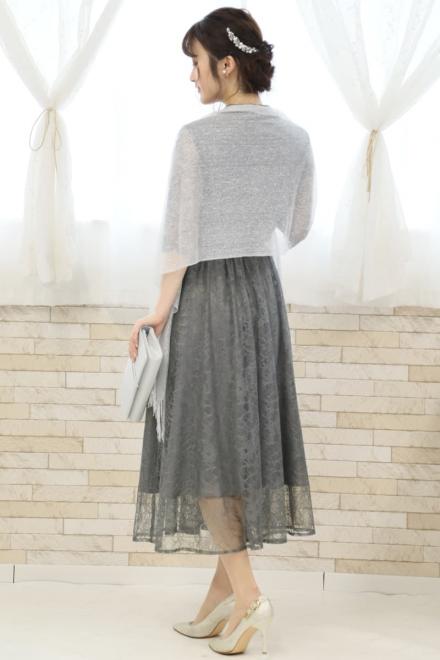 グレーのプチハイネック総レースドレス