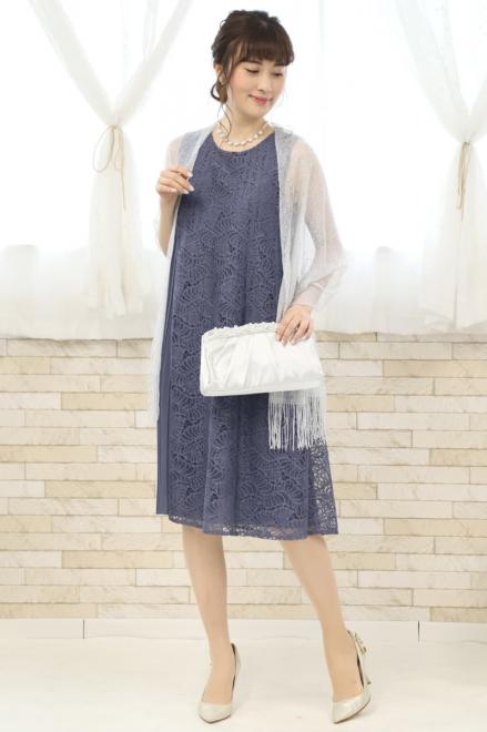 ブルーの総レースプリーツドレス