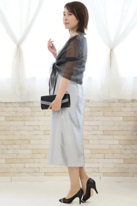 シルバーの刺繍入りシャンタンIラインドレス