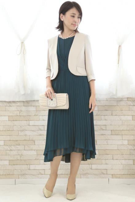 ブルーグリーンのアシンメトリープリーツドレス