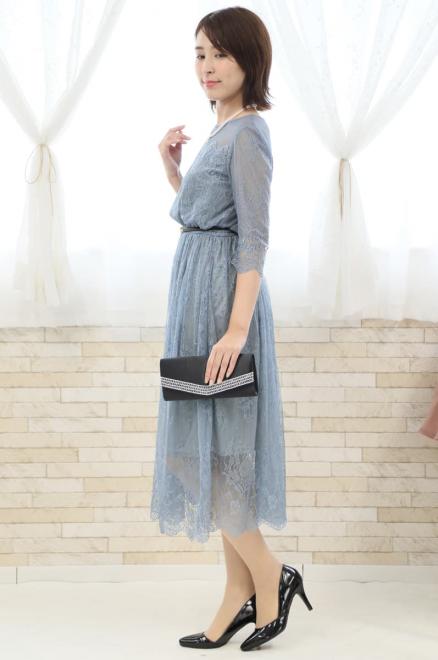 ブルーの長袖シースルー総レースドレス