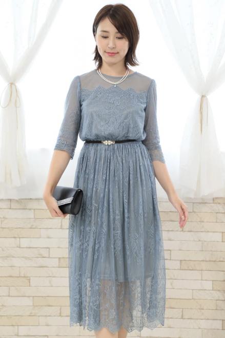 ブルーの長袖シースルー総レースドレス