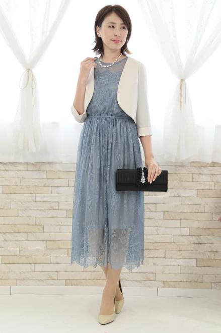 ブルーの長袖シースルー総レースドレス