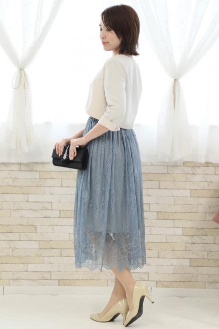 ブルーの長袖シースルー総レースドレス