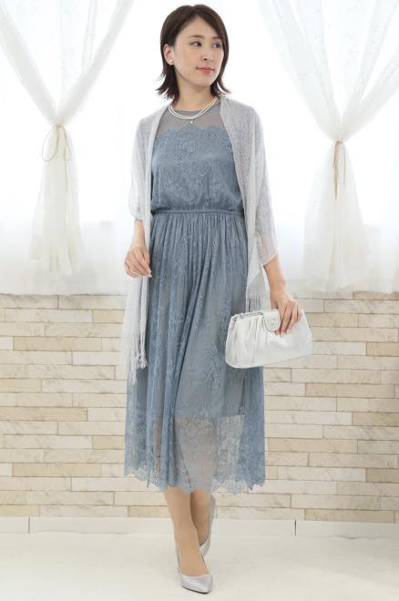 ブルーの長袖シースルー総レースドレス