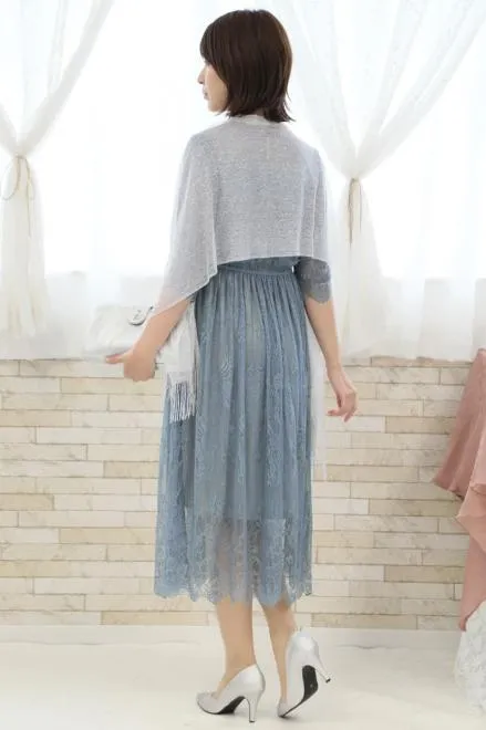 ブルーの長袖シースルー総レースドレス