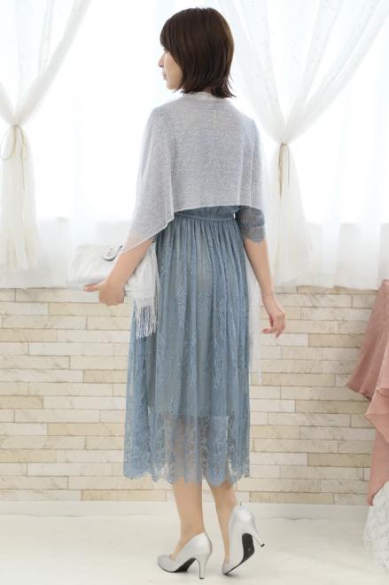 ブルーの長袖シースルー総レースドレス