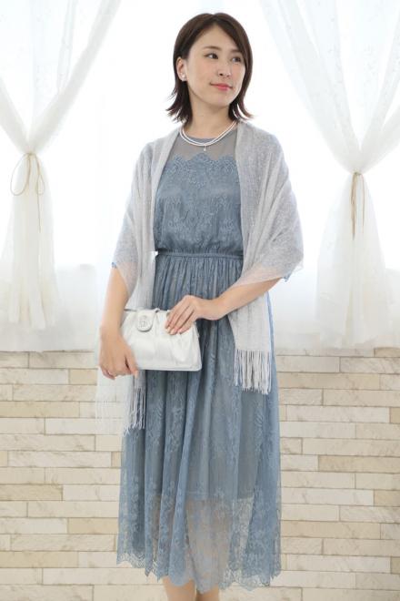 ブルーの長袖シースルー総レースドレス