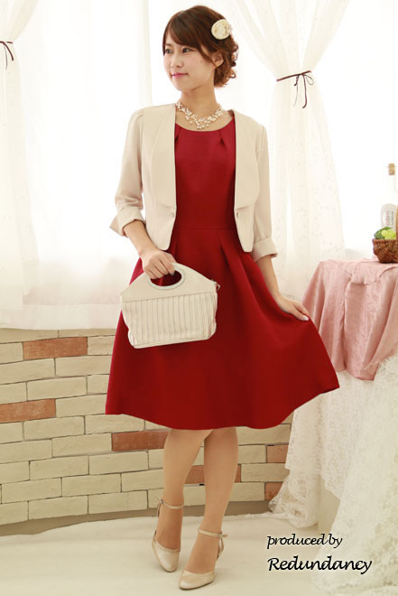 レッドの薔薇織柄ミニ丈ドレス