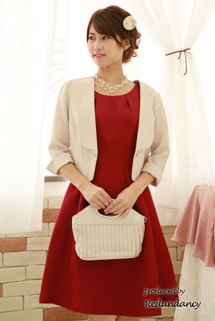 レッドの薔薇織柄ミニ丈ドレス