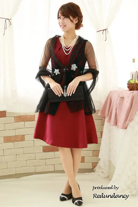 レッドの薔薇織柄ミニ丈ドレス