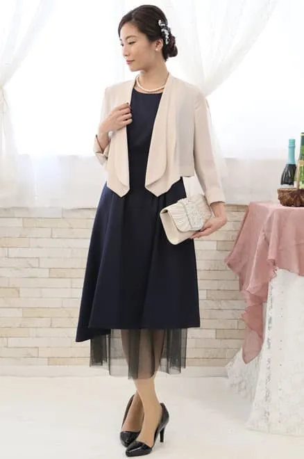 ネイビーのチュール付きノースリーブドレスコーディネートセット