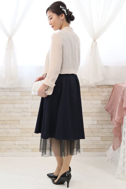 ネイビーのチュール付きノースリーブドレスコーディネートセット