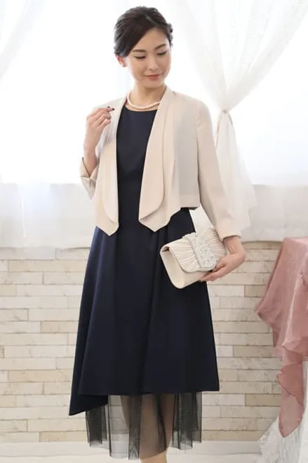 ネイビーのチュール付きノースリーブドレスコーディネートセット