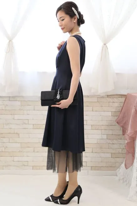 ネイビーのチュール付きノースリーブドレスコーディネートセット